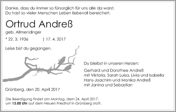 Traueranzeige von Ortrud Andreß von Giessener Allgemeine, Alsfelder Allgemeine