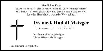 Traueranzeige von Rudolf Metzger von Wetterauer Zeitung, Wetterauer Zeitung