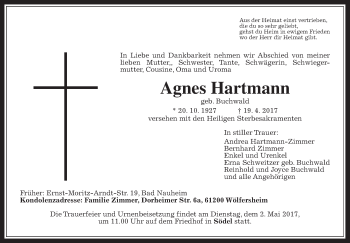 Traueranzeige von Agnes Hartmann von Wetterauer Zeitung, Wetterauer Zeitung