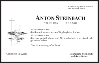 Traueranzeige von Anton Steinbach von Giessener Allgemeine, Alsfelder Allgemeine