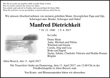 Traueranzeige von Manfred Dietrichkeit von Giessener Allgemeine, Alsfelder Allgemeine