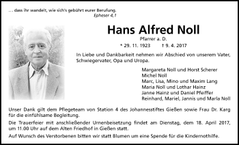 Traueranzeige von Hans Alfred Noll von Giessener Allgemeine, Alsfelder Allgemeine