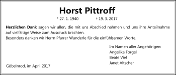 Traueranzeige von Horst Pittrof von Giessener Allgemeine, Alsfelder Allgemeine