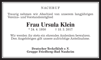 Traueranzeige von Ursula Klein von Wetterauer Zeitung, Wetterauer Zeitung