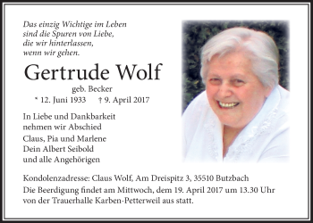 Traueranzeige von Gertrude Wolf von Wetterauer Zeitung, Wetterauer Zeitung