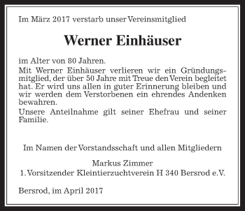 Traueranzeige von Werner Einhäuser von Reiskirchener Anzeiger