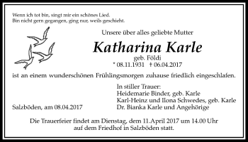 Traueranzeige von Katharina Karle von Giessener Allgemeine, Alsfelder Allgemeine