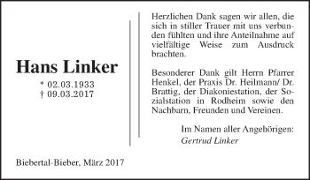 Traueranzeige von Hans Linker von Giessener Allgemeine, Alsfelder Allgemeine