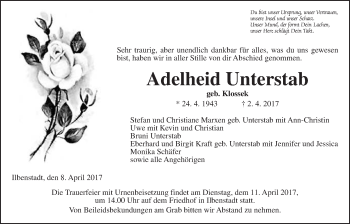 Traueranzeige von Adelheid Unterstab von Wetterauer Zeitung, Wetterauer Zeitung