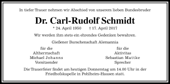 Traueranzeige von Carl-Rudolf Schmidt von Giessener Allgemeine, Alsfelder Allgemeine, Wetterauer Zeitung, Wetterauer Zeitung, Giessener Allgemeine, Alsfelder Allgemeine