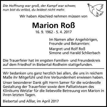 Traueranzeige von Marion Roß von Giessener Allgemeine, Alsfelder Allgemeine