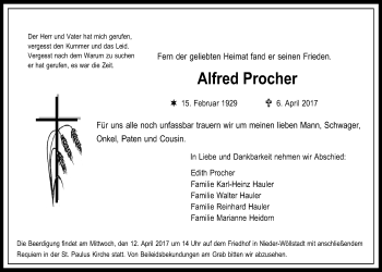 Traueranzeige von Alfred Procher von Wetterauer Zeitung, Wetterauer Zeitung