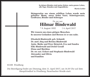 Traueranzeige von Hilmar Bindewald von Wetterauer Zeitung, Wetterauer Zeitung