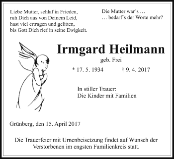 Traueranzeige von Irmgard Heilmann von Giessener Allgemeine, Alsfelder Allgemeine