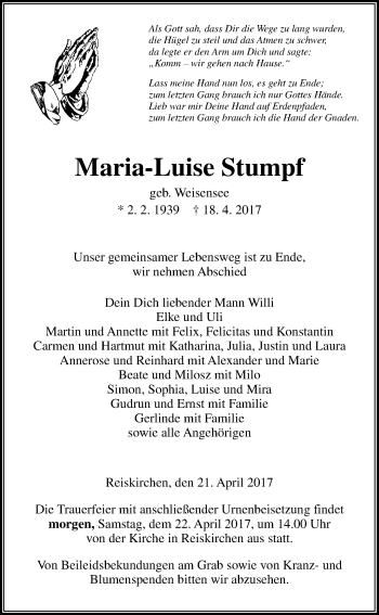 Traueranzeige von Maria-Luise Stumpf von Giessener Allgemeine, Alsfelder Allgemeine