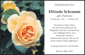 Traueranzeige von Elfriede Schramm von Wetterauer Zeitung, Wetterauer Zeitung