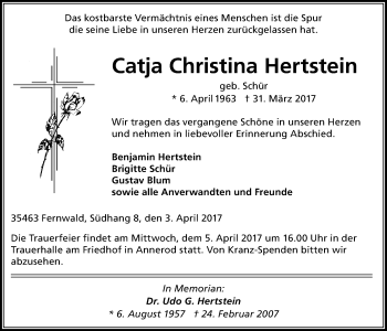 Traueranzeige von Catja Christina Hertstein von Giessener Allgemeine, Alsfelder Allgemeine