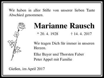 Traueranzeige von Marianne Rausch von Giessener Allgemeine, Alsfelder Allgemeine