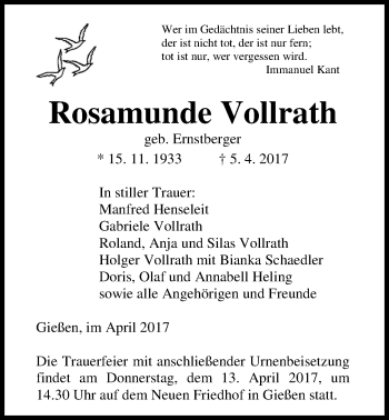 Traueranzeige von Rosamunde Vollrath von Giessener Allgemeine, Alsfelder Allgemeine