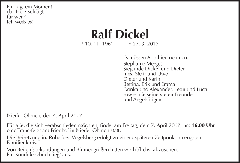  Traueranzeige für Ralf Dickel vom 04.04.2017 aus Giessener Allgemeine, Alsfelder Allgemeine