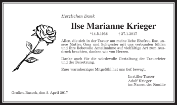 Traueranzeige von Ilse Marianne Krieger von Giessener Allgemeine, Alsfelder Allgemeine