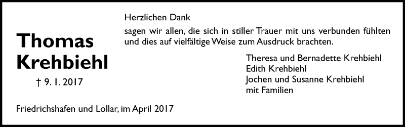  Traueranzeige für Thomas Krehbiehl vom 29.04.2017 aus Giessener Allgemeine, Alsfelder Allgemeine