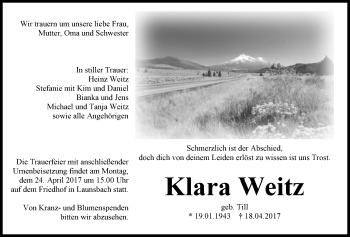 Traueranzeige von Klara Weitz von Giessener Allgemeine, Alsfelder Allgemeine