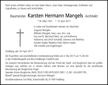 Traueranzeige von Karsten Hermann Mangels von Wetterauer Zeitung, Wetterauer Zeitung