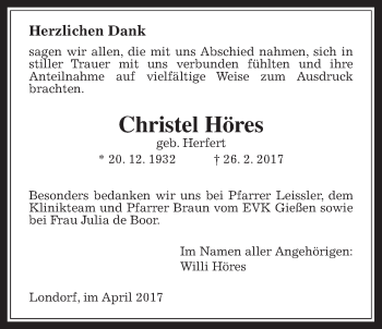 Traueranzeige von Christel Höres von Rabenauer Zeitung