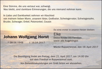 Traueranzeige von Johann Wolfgang Horst von Giessener Allgemeine, Alsfelder Allgemeine