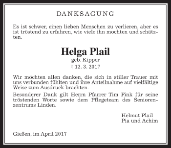 Traueranzeige von Helga Plail von Giessener Allgemeine, Alsfelder Allgemeine
