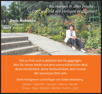 Traueranzeige von Doris Naumann von Giessener Allgemeine, Alsfelder Allgemeine