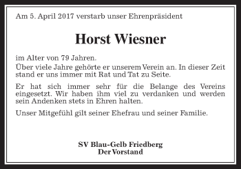 Traueranzeige von Horst Wiesner von Wetterauer Zeitung, Wetterauer Zeitung