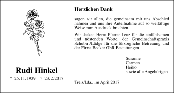 Traueranzeige von Rudi Hinkel von Giessener Allgemeine, Alsfelder Allgemeine