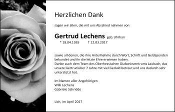 Traueranzeige von Gertrud Lechens von Licher Wochenblatt, Licher Wochenblatt, Licher Wochenblatt