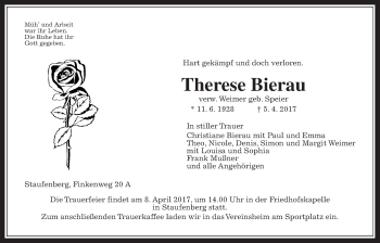 Traueranzeige von Therese Bierau von Giessener Allgemeine, Alsfelder Allgemeine