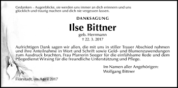 Traueranzeige von Ilse Bittner von Wetterauer Zeitung, Wetterauer Zeitung
