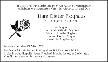 Traueranzeige von Hans Dieter Ploghaus von Giessener Allgemeine, Alsfelder Allgemeine
