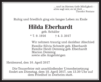 Traueranzeige von Hilda Eberhardt von Wetterauer Zeitung, Wetterauer Zeitung