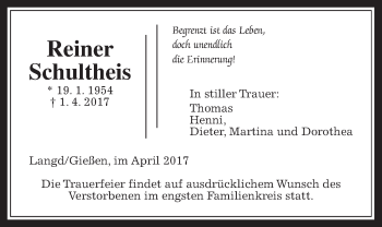 Traueranzeige von Reiner Schultheis von Giessener Allgemeine, Alsfelder Allgemeine