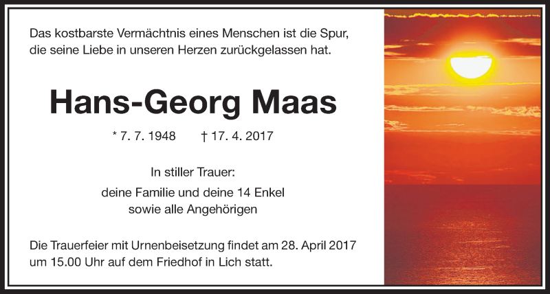  Traueranzeige für Hans-Georg Maas vom 22.04.2017 aus Giessener Allgemeine, Alsfelder Allgemeine