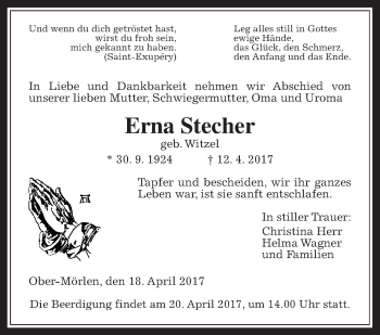 Traueranzeige von Erna Stecher von Wetterauer Zeitung, Wetterauer Zeitung