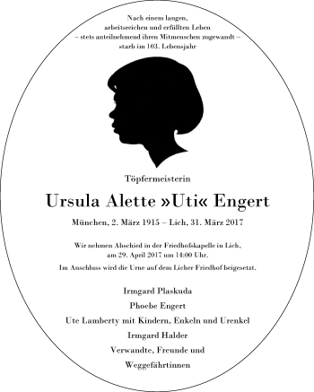 Traueranzeige von Ursula Alette Engert von Licher Wochenblatt, Licher Wochenblatt, Licher Wochenblatt