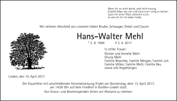 Traueranzeige von Hans-Walter Mehl von Giessener Allgemeine, Alsfelder Allgemeine