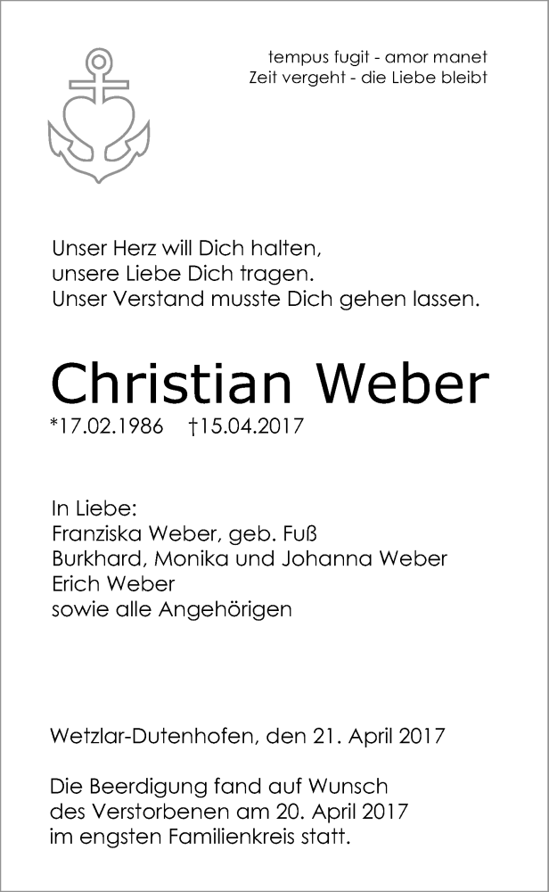  Traueranzeige für Christian Weber vom 21.04.2017 aus Giessener Allgemeine, Alsfelder Allgemeine