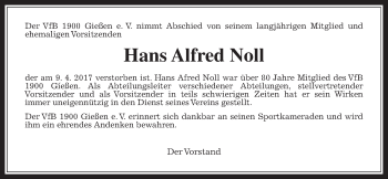 Traueranzeige von Hans Alfred Noll von Giessener Allgemeine, Alsfelder Allgemeine