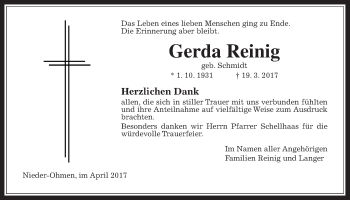 Traueranzeige von Gerda Reinig von Mücker Stimme