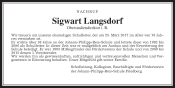Traueranzeige von Sigwart Langsdorf von Wetterauer Zeitung, Wetterauer Zeitung