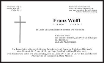 Traueranzeige von Franz Wölfl von Wetterauer Zeitung, Wetterauer Zeitung