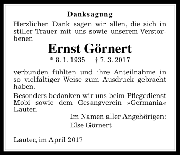 Traueranzeige von Ernst Görnert von Giessener Allgemeine, Alsfelder Allgemeine